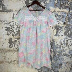 VTG Fundamentals Moo Moo Nightgown Womens L Pastel Floral Vintage Lace Trim USA